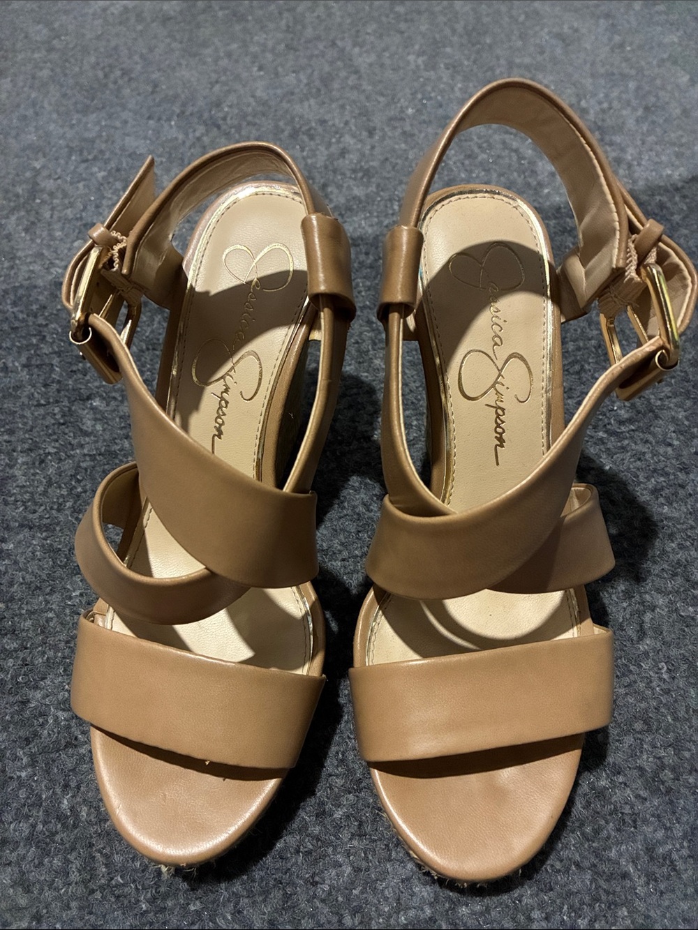 👠 Jessica Simpson Tan Multi-Strap Block Heel Sandals